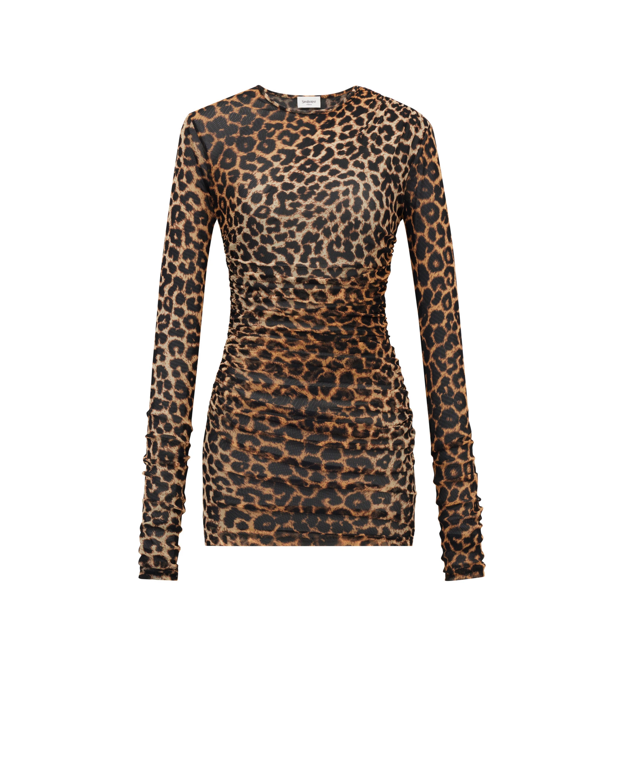 Saint Laurent Ruched Mini Dress in Leopard Tulle Jersey, Leopard Multicolour Saint Laurent Ruched Mini Dress in Leopard Tulle Jersey, Leopard | Mini Dresses