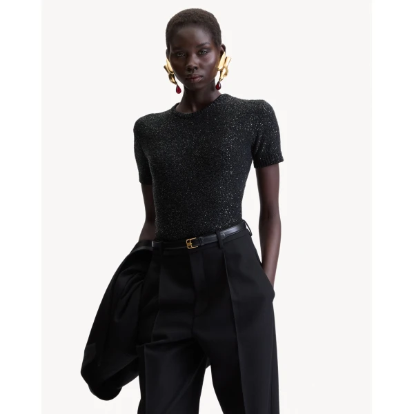 Black Saint Laurent Sequin T-Shirt in Metallic Knit, view 2 | Tops