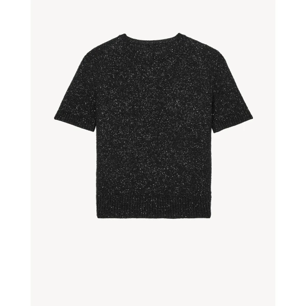 Black Saint Laurent Sequin T-Shirt in Metallic Knit, view 3 | Tops