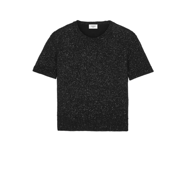 Black Saint Laurent Sequin T-Shirt in Metallic Knit | Tops