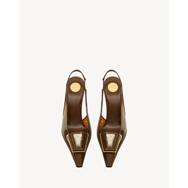 Multicolour Saint Laurent Sibyl Slingback Pumps in Tpu and Patent Leather, Aesthetic Brown and Burnished Wood, view 2 | Heels