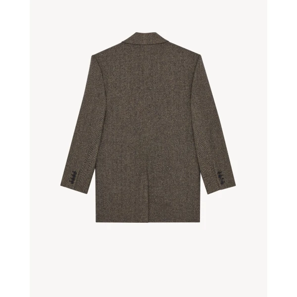 Beige Saint Laurent Single-Breasted Jacket in Herringbone Wool, view 3 | Blazers