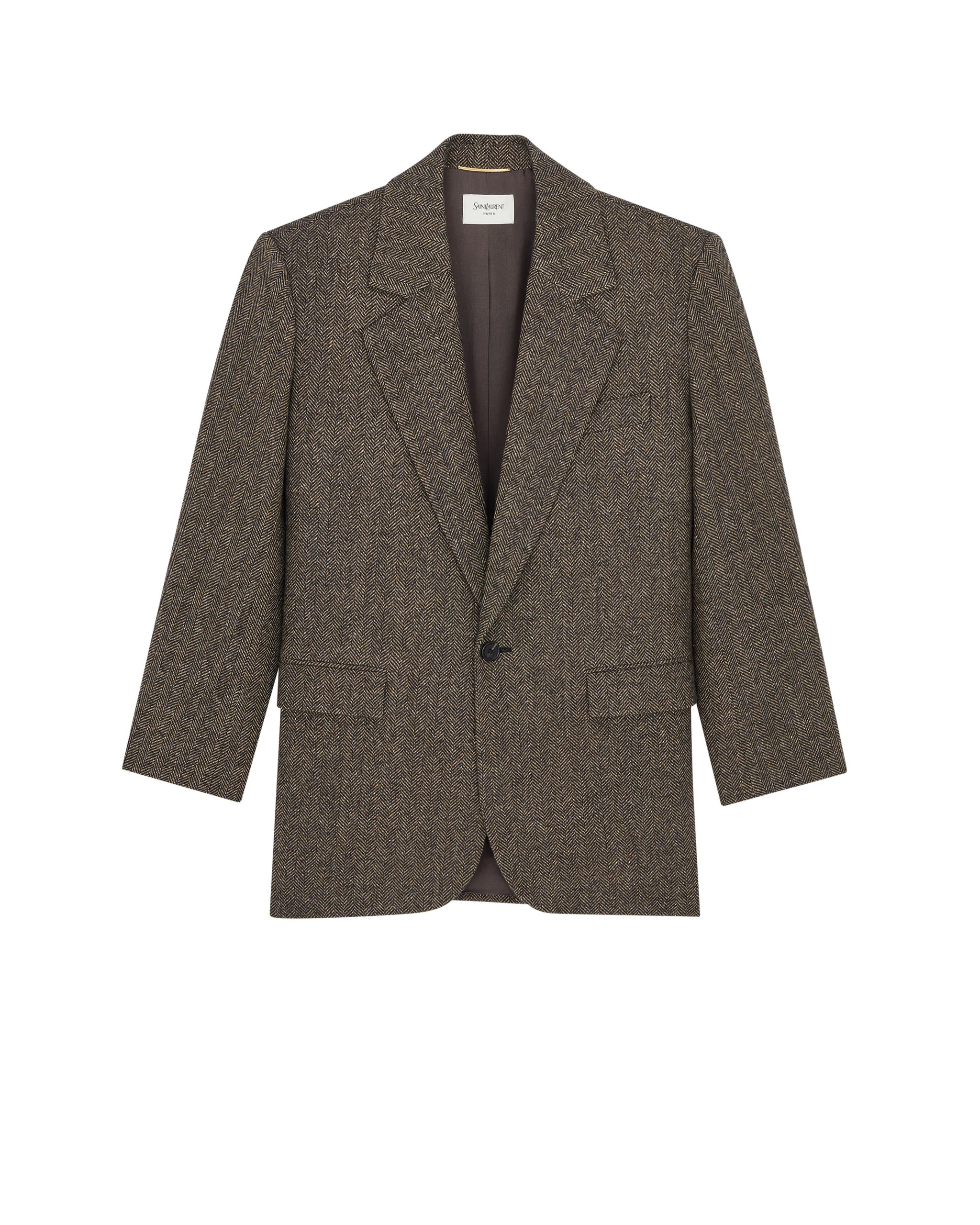 Saint Laurent Single-Breasted Jacket in Herringbone Wool Beige Saint Laurent Single-Breasted Jacket in Herringbone Wool | Blazers
