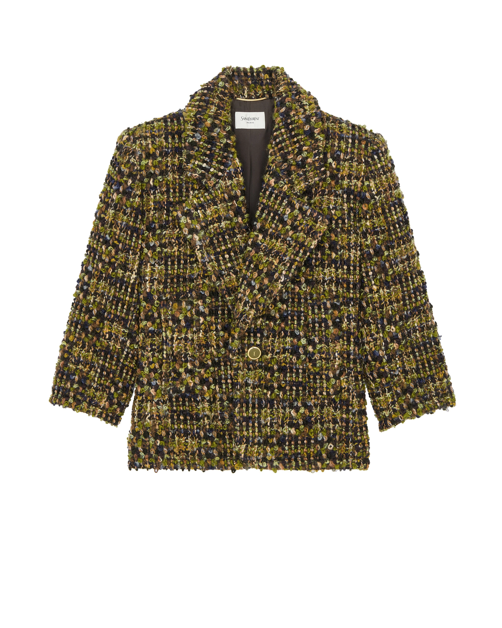 Saint Laurent Single-Breasted Jacket in Tweed, Kaki Gris Vert Green Saint Laurent Single-Breasted Jacket in Tweed, Kaki Gris Vert | Blazers