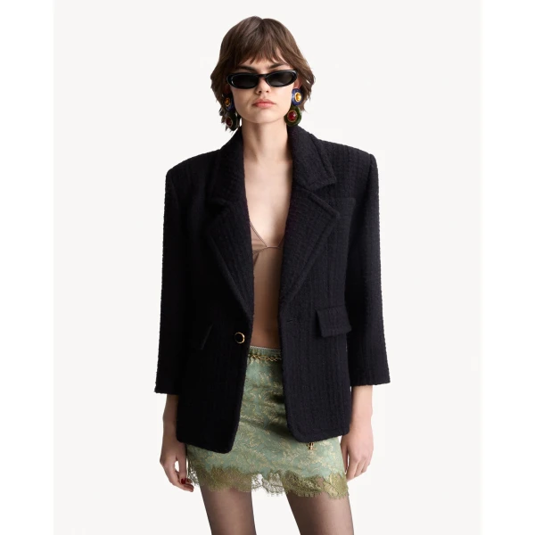 Black Saint Laurent Single-Breasted Jacket in Tweed, Noir, view 2 | Blazers