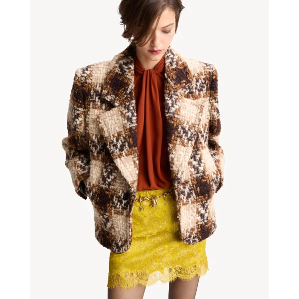 Black Saint Laurent Single-Breasted Jacket in Tweed, Noir Marron Craie, view 2 | Blazers