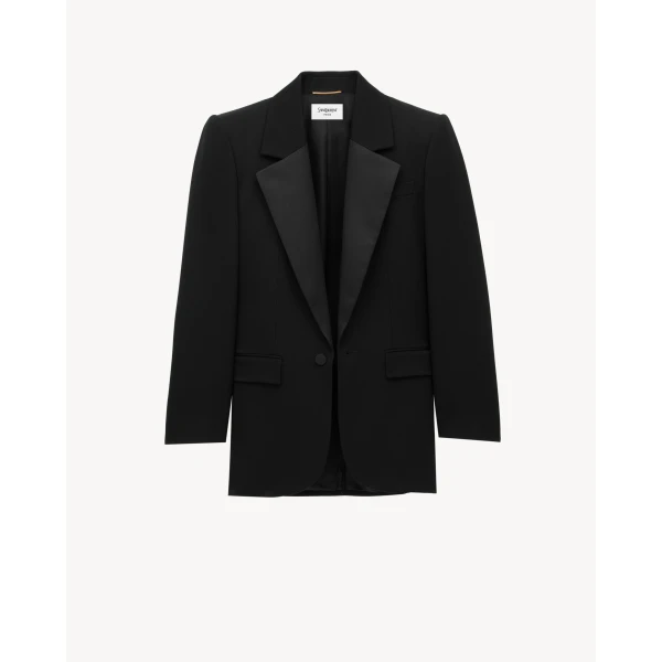 Black Saint Laurent Single-Breasted Tuxedo Jacket in Grain de Poudre, Noir, view 2 | Blazers