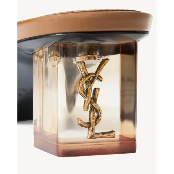 Brown Saint Laurent Sip Mule Sandals in Mesh and Patent Leather, view 4 | Mules