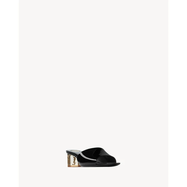 Black Saint Laurent Sip Mule Sandals in Patent Leather, view 3 | Mules