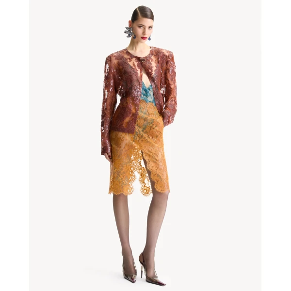 Orange Saint Laurent Split Pencil Skirt in Silicone-Coated Lace, view 2 | Pencil Skirts