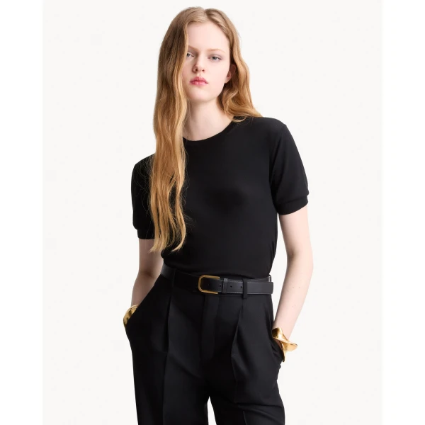 Black Saint Laurent T-Shirt Sweater in Wool, Black, view 2 | Tops