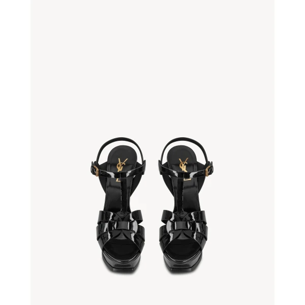 Black Saint Laurent Tribute Platform Sandals in Patent Leather, Black, 135 mm, view 2 | Sandals