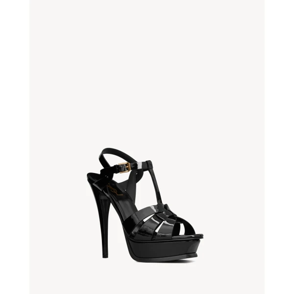 Black Saint Laurent Tribute Platform Sandals in Patent Leather, Black, 135 mm, view 3 | Sandals