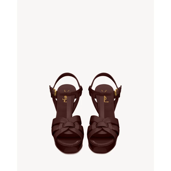 Red Saint Laurent Tribute Platform Sandals in Patent Leather, Burgundy, 105 mm, view 2 | Sandals