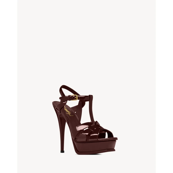Red Saint Laurent Tribute Platform Sandals in Patent Leather, Burgundy, 135 mm, view 3 | Sandals