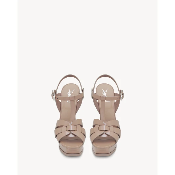 Pink Saint Laurent Tribute Platform Sandals in Patent Leather, Dark Pink, 135 mm, view 2 | Sandals