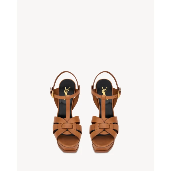 Brown Saint Laurent Tribute Platform Sandals in Smooth Leather, Amber, 135 mm, view 2 | Sandals