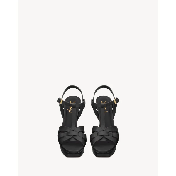 Black Saint Laurent Tribute Platform Sandals in Smooth Leather, Black, 105 mm, view 2 | Sandals