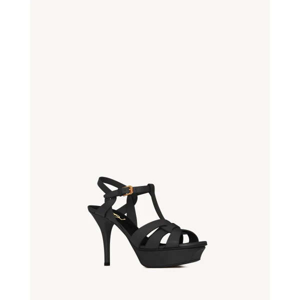 Black Saint Laurent Tribute Platform Sandals in Smooth Leather, Black, 105 mm, view 3 | Sandals