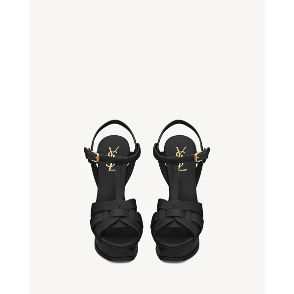 Black Saint Laurent Tribute Platform Sandals in Smooth Leather, Black, 135 mm, view 2 | Sandals