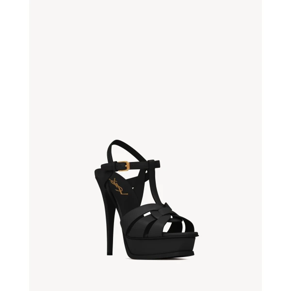 Black Saint Laurent Tribute Platform Sandals in Smooth Leather, Black, 135 mm, view 3 | Sandals