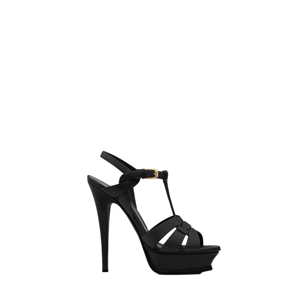 Black Saint Laurent Tribute Platform Sandals in Smooth Leather, Black, 135 mm | Sandals