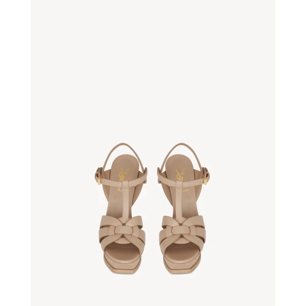Beige Saint Laurent Tribute Platform Sandals in Smooth Leather, Dark Beige, 135 mm, view 2 | Sandals