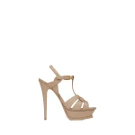Beige Saint Laurent Tribute Platform Sandals in Smooth Leather, Dark Beige, 135 mm | Sandals