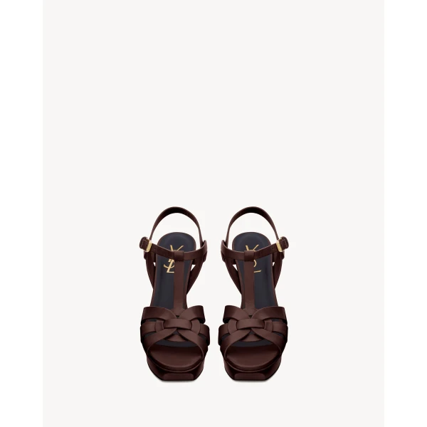 Brown Saint Laurent Tribute Platform Sandals in Smooth Leather, Dark Brown, view 2 | Sandals