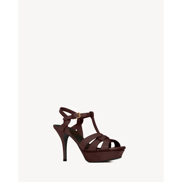 Brown Saint Laurent Tribute Platform Sandals in Smooth Leather, Dark Brown, view 3 | Sandals
