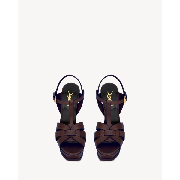 Brown Saint Laurent Tribute Platform Sandals in Smooth Leather, Dark Chocolate, view 2 | Sandals
