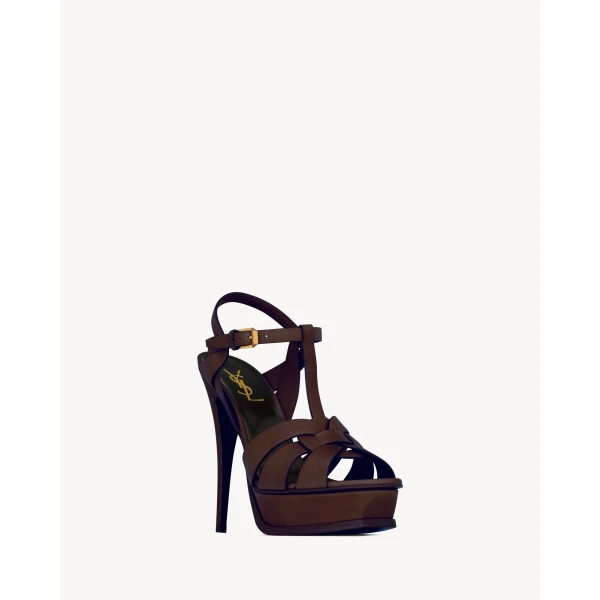 Brown Saint Laurent Tribute Platform Sandals in Smooth Leather, Dark Chocolate, view 3 | Sandals