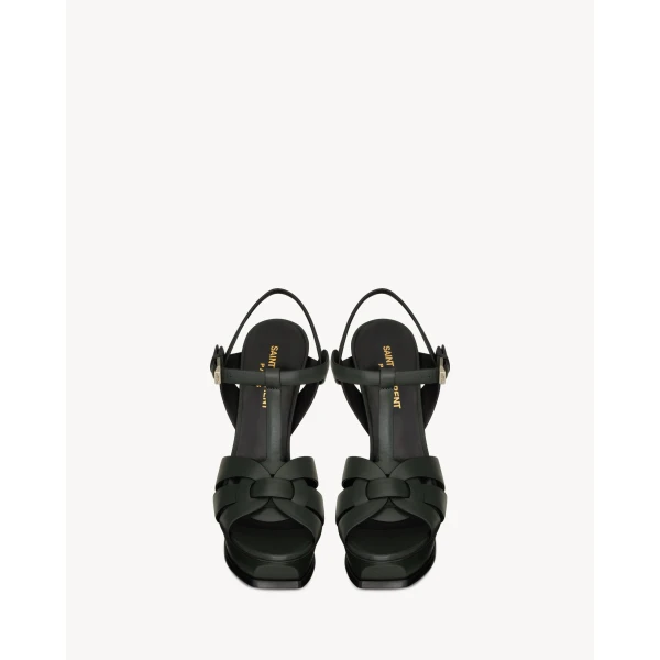 Green Saint Laurent Tribute Platform Sandals in Smooth Leather, Dark Green, 135 mm, view 2 | Sandals