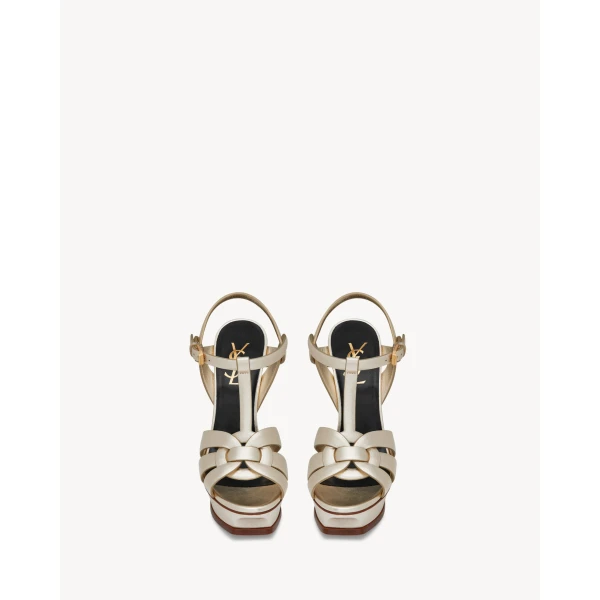Metallic Saint Laurent Tribute Sandals in Metallic Leather, Pale Gold 534277, view 2 | Sandals