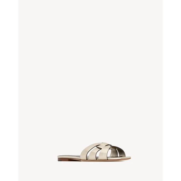 Metallic Saint Laurent Tribute Sandals in Metallic Leather, Pale Gold 572735, view 3 | Sandals