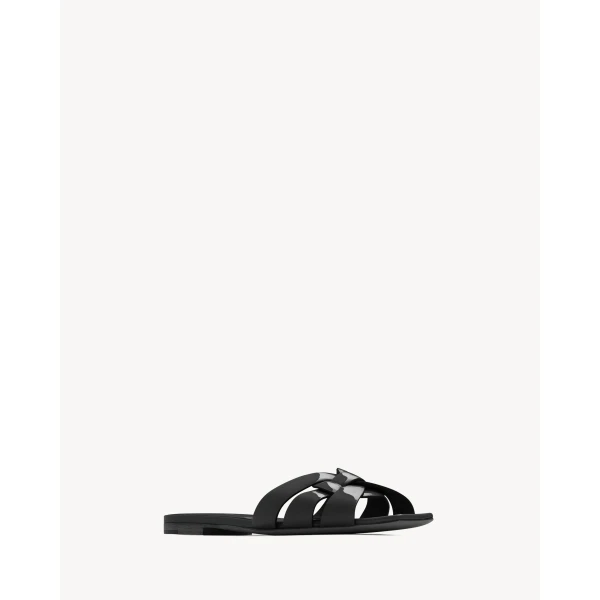 Black Saint Laurent Tribute Sandals in Patent Leather, Black, view 3 | Sandals