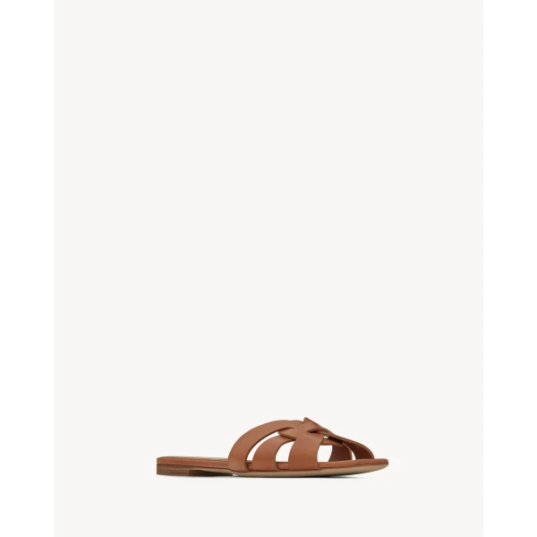 Brown Saint Laurent Tribute Sandals in Smooth Leather, Amber, view 3 | Sandals