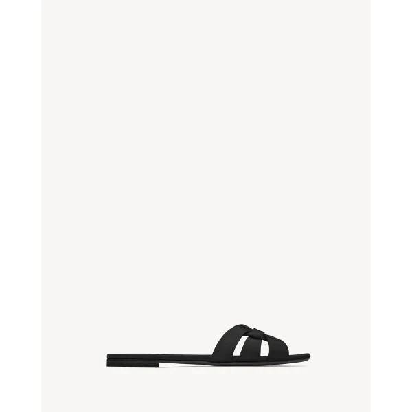 Black Saint Laurent Tribute Sandals in Smooth Leather, Black, view 2 | Sandals