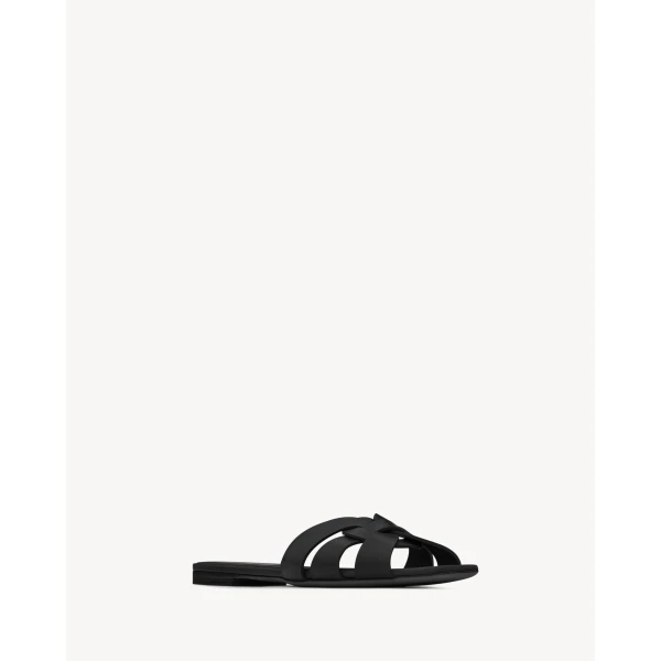 Black Saint Laurent Tribute Sandals in Smooth Leather, Black, view 3 | Sandals