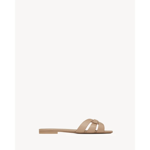 Beige Saint Laurent Tribute Sandals in Smooth Leather, Dark Beige, view 2 | Sandals