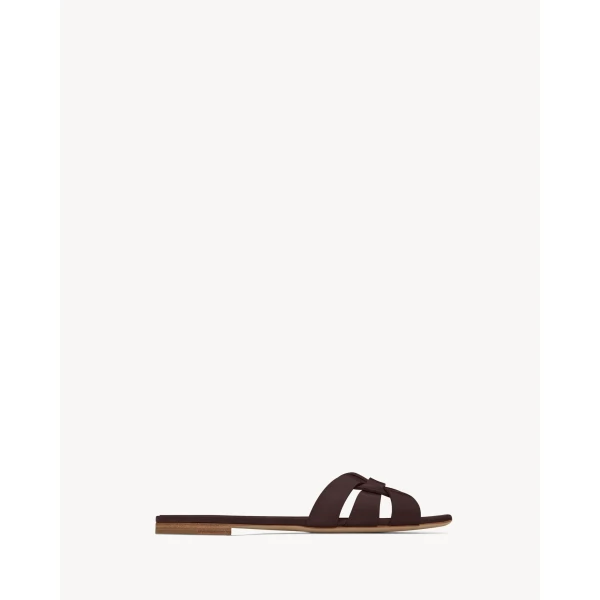 Brown Saint Laurent Tribute Sandals in Smooth Leather, Dark Chocolate, view 2 | Sandals