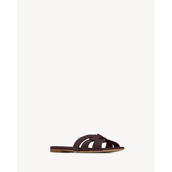Brown Saint Laurent Tribute Sandals in Smooth Leather, Dark Chocolate, view 3 | Sandals