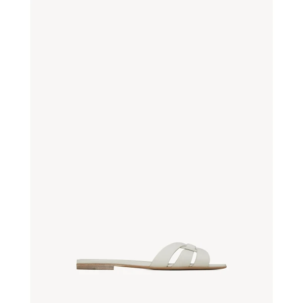 White Saint Laurent Tribute Sandals in Smooth Leather, White, view 2 | Sandals