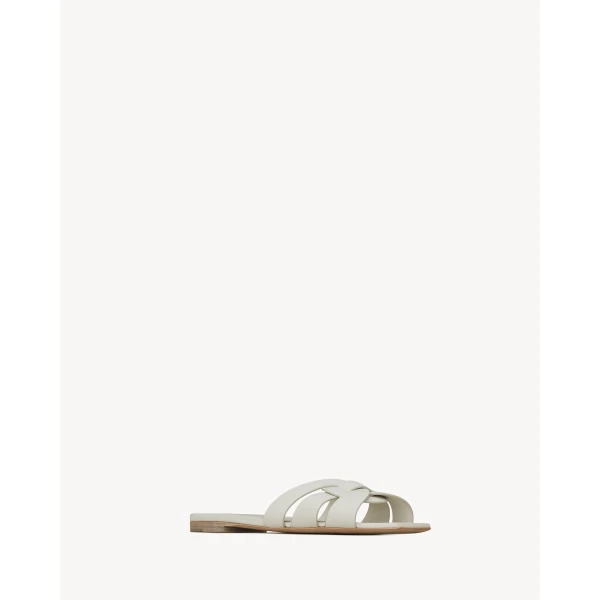White Saint Laurent Tribute Sandals in Smooth Leather, White, view 3 | Sandals