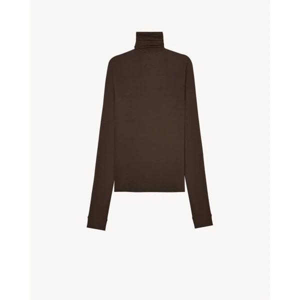 Beige Saint Laurent Turtleneck in Stretch Jersey, Marron Fonce, view 3 | Long Sleeve