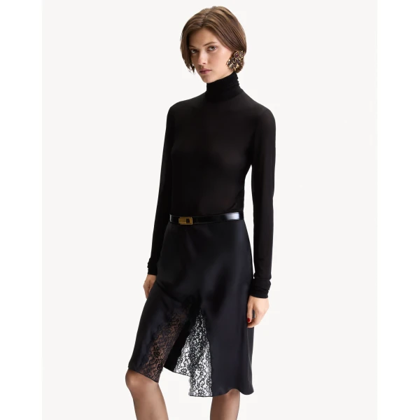 Black Saint Laurent Turtleneck in Stretch Jersey, Noir, view 2 | Long Sleeve