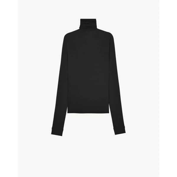 Black Saint Laurent Turtleneck in Stretch Jersey, Noir, view 3 | Long Sleeve
