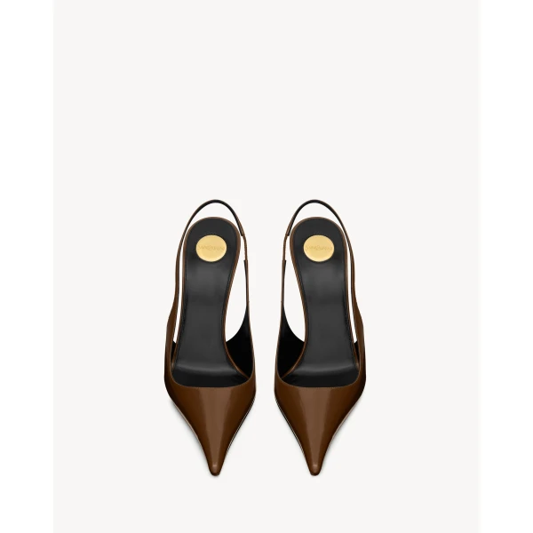 Brown Saint Laurent Vendome Slingback Pumps in Glazed Leather, Soil Brown, view 2 | Heels