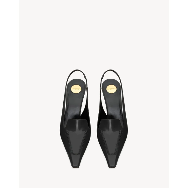 Black Saint Laurent Voltaire Slingback Pumps in Glazed Leather, Black, view 2 | Heels