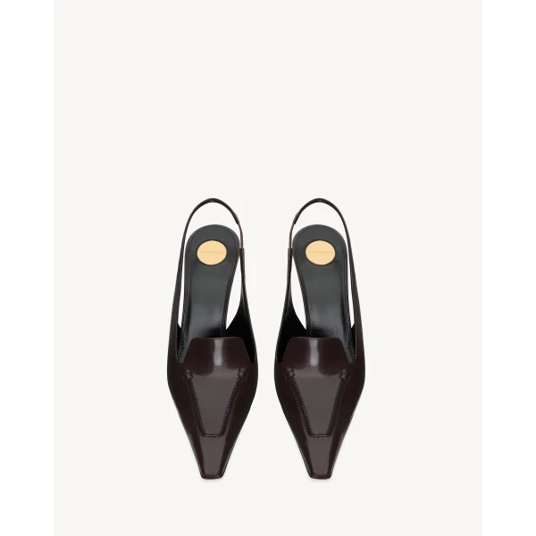 Brown Saint Laurent Voltaire Slingback Pumps in Glazed Leather, Marron Glace, view 3 | Heels